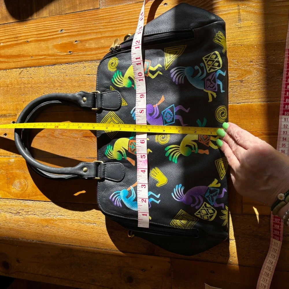 Native American Kokopelli Hand Painted‎ Black Leather Satchel Handbag